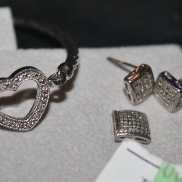 8pc 925 Sterling GENUINE DIAMOND Earrings & Heart Bracelet WOW! - Picture 6 of 8